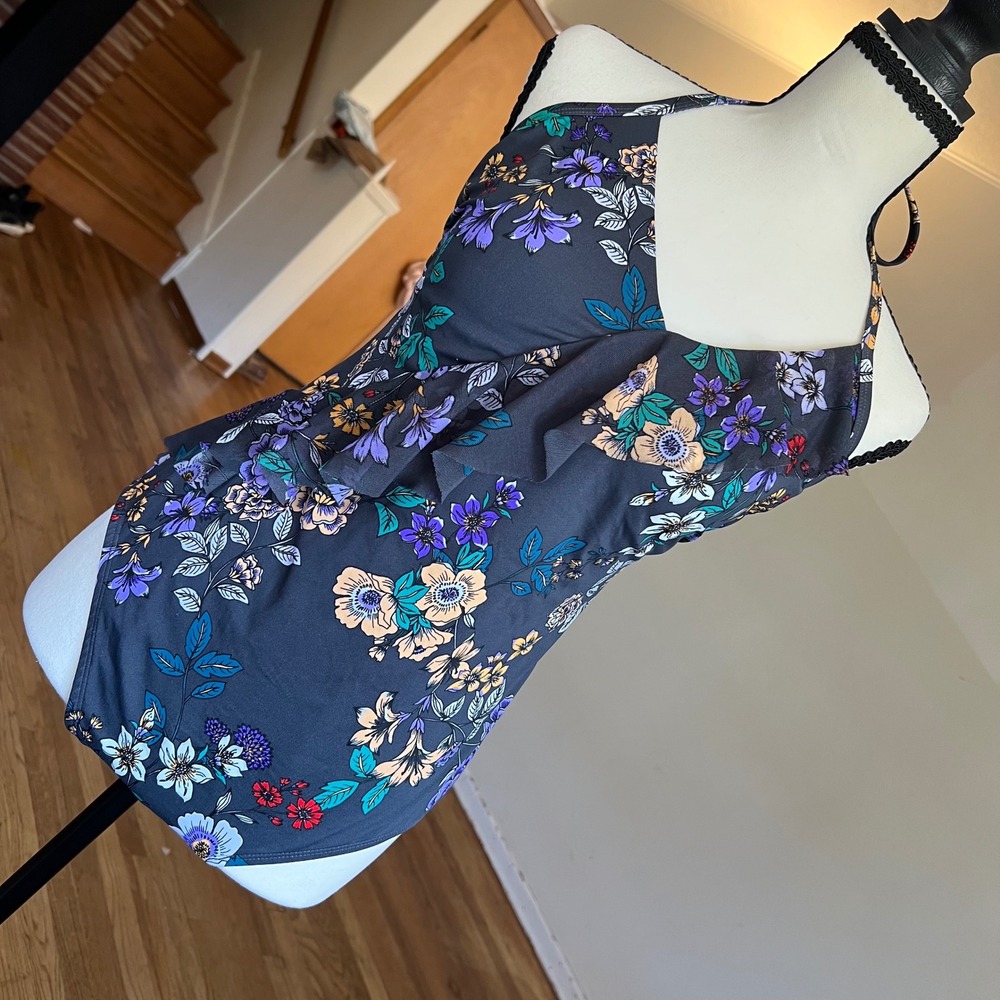 Time and Tru Floral Halter Ruffle One Piece Swimsuit Gray Purple L 12-14